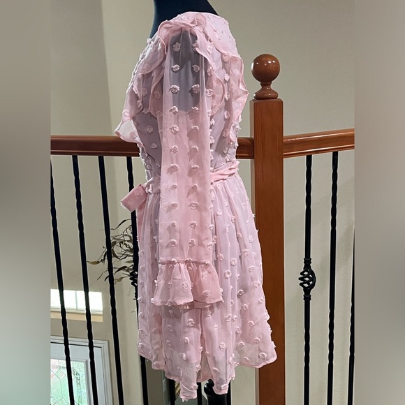 Woven Pink SWISS DOT, V NECK RUFFLE TRIM LONG SLEEVE FEMININE MINI DRESS SIZE M - Picture 5 of 13